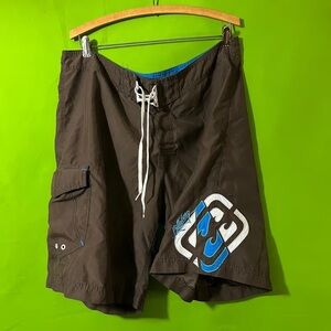 Nike Men's Dark Brown Board Shorts with Blue Logo